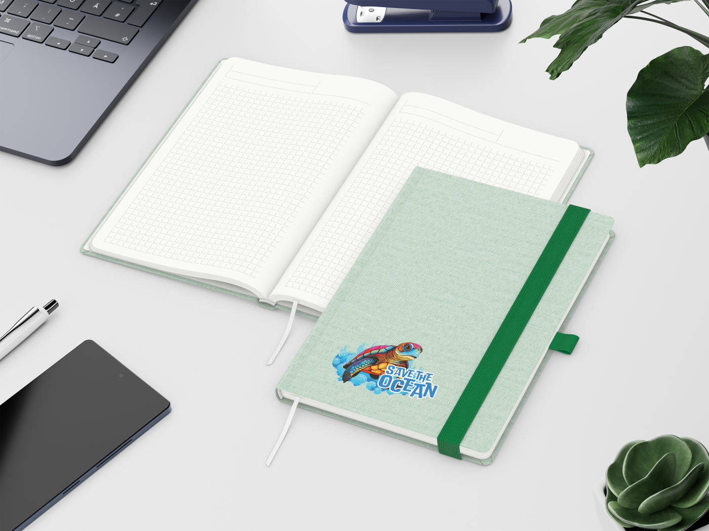 Notizbuch Ocean-Book RECYCLING rPET-Hardcover farbig A5, Lineatur Winkelkaro, Material-Infoblatt ja