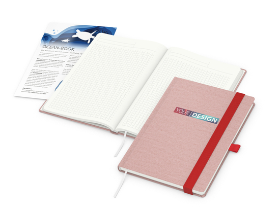 Notizbuch Ocean-Book RECYCLING rPET-Hardcover farbig A5, Lineatur Winkelkaro, Material-Infoblatt ja