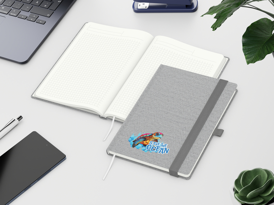 Notizbuch Ocean-Book RECYCLING rPET-Hardcover farbig A5, Lineatur Winkelkaro, Material-Infoblatt ja