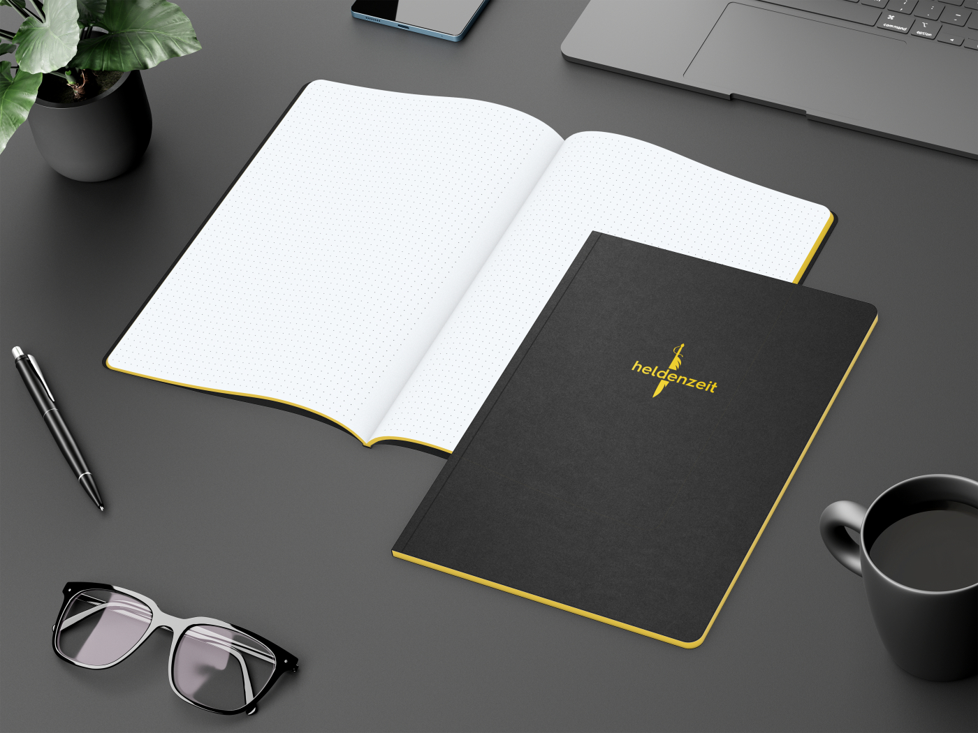 Notizbuch Tablet-Book Farbschnitt Naturkarton-Softcover schwarz, Papierformat/Lineatur DIN A4 / Punktraster, Farbschnitt/Logodruck gelb/gelb