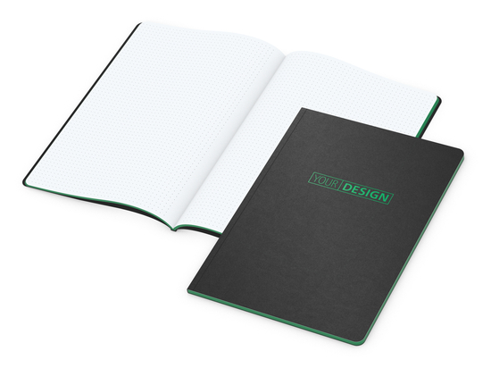 Notizbuch Tablet-Book Farbschnitt Naturkarton-Softcover schwarz, Papierformat/Lineatur DIN A4 / Punktraster, Farbschnitt/Logodruck grün/grün