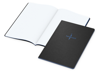 Notizbuch Tablet-Book Farbschnitt Naturkarton-Softcover schwarz, Papierformat/Lineatur DIN A4 / Punktraster, Farbschnitt/Logodruck mittelblau/mittelblau