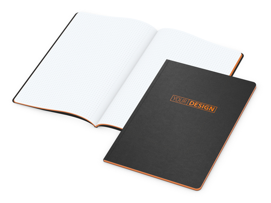 Notizbuch Tablet-Book Farbschnitt Naturkarton-Softcover schwarz, Papierformat/Lineatur DIN A4 / Punktraster, Farbschnitt/Logodruck orange/orange