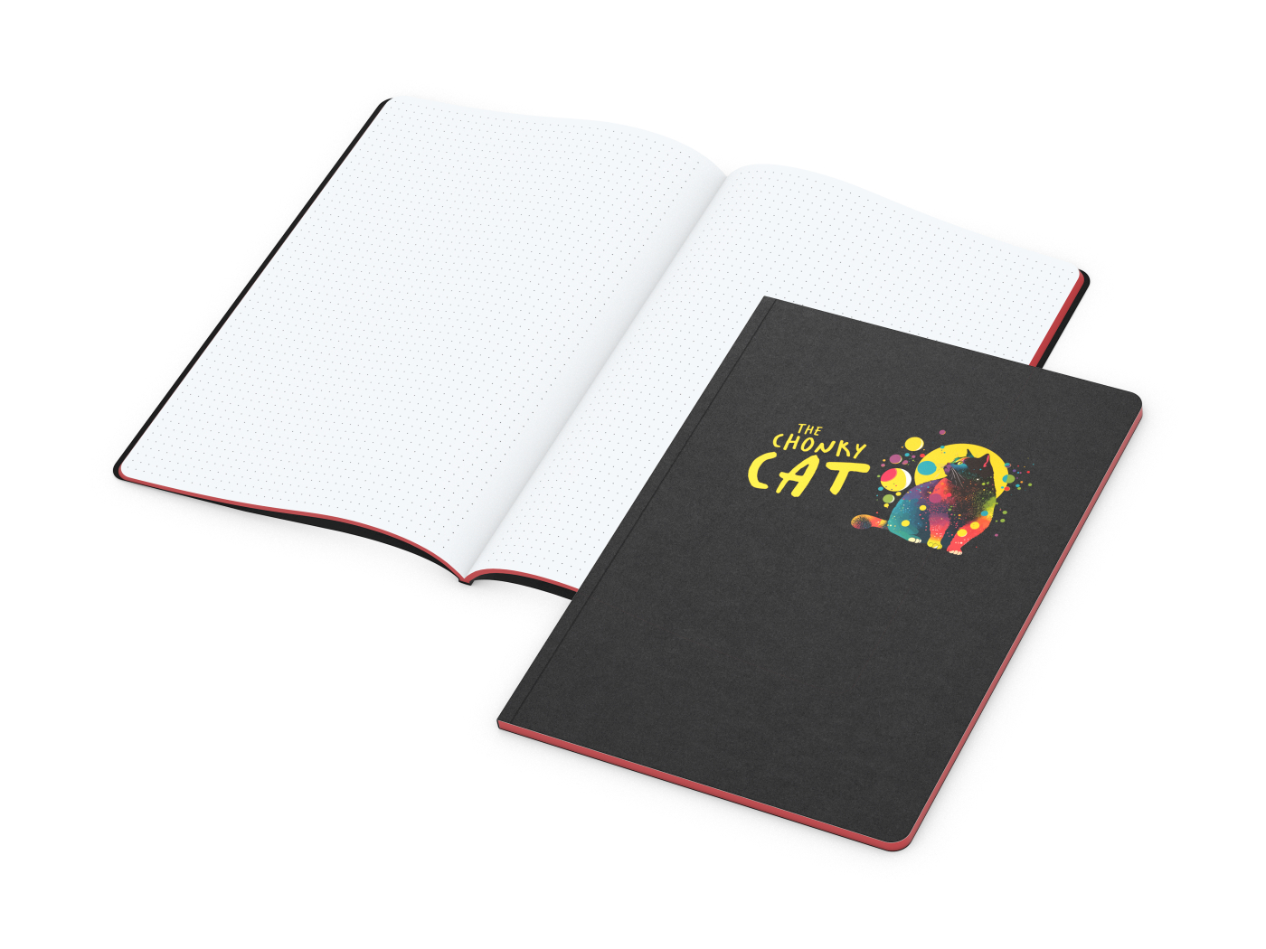 Notizbuch Tablet-Book Farbschnitt Naturkarton-Softcover schwarz, Papierformat/Lineatur DIN A4 / Punktraster, Farbschnitt/Logodruck rot/4farbig