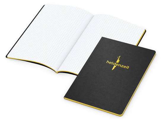 Notizbuch Tablet-Book Farbschnitt Naturkarton-Softcover schwarz, Papierformat/Lineatur DIN A5 / Punktraster, Farbschnitt/Logodruck gelb/gelb