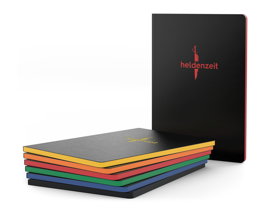 Notizbuch Tablet-Book Farbschnitt Naturkarton-Softcover schwarz, Papierformat/Lineatur DIN A5 / Punktraster, Farbschnitt/Logodruck gelb/gelb