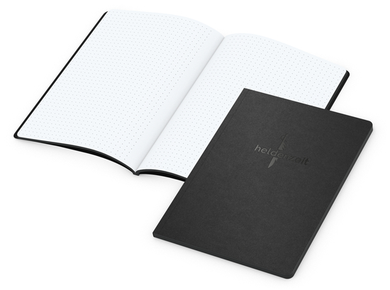 Notizbuch Tablet-Book Farbschnitt Naturkarton-Softcover schwarz, Papierformat/Lineatur DIN A5 / Punktraster, Farbschnitt/Logodruck schwarz/schwarz
