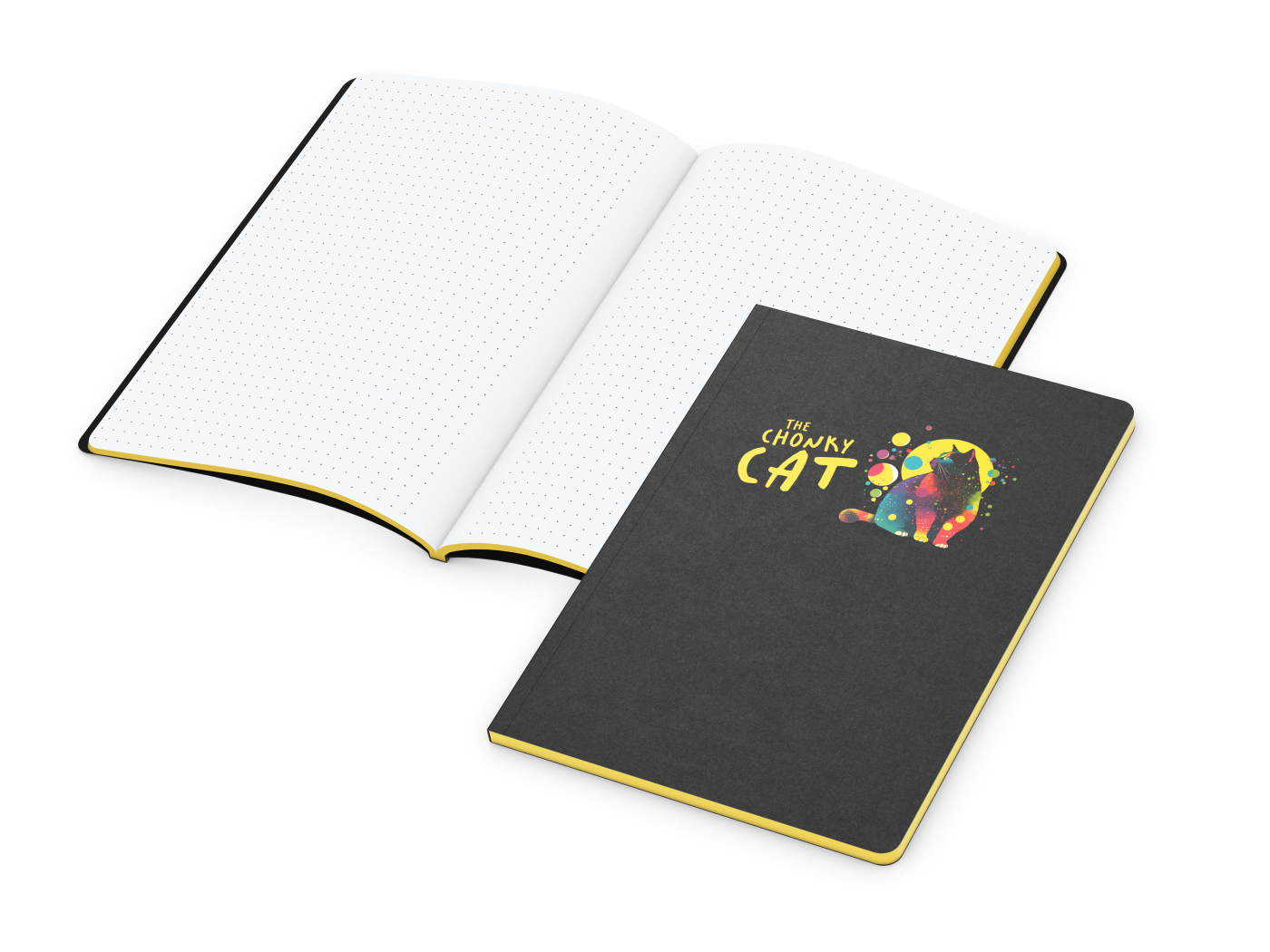 Notizbuch Tablet-Book Farbschnitt Naturkarton-Softcover schwarz, Papierformat/Lineatur DIN A5 / Punktraster, Farbschnitt/Logodruck gelb/4farbig