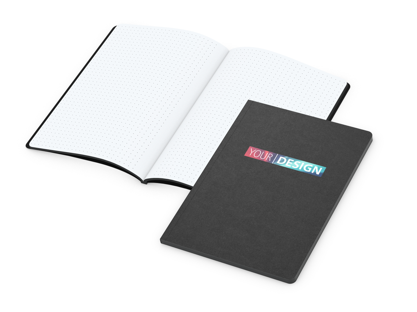 Notizbuch Tablet-Book Farbschnitt Naturkarton-Softcover schwarz, Papierformat/Lineatur DIN A5 / Punktraster, Farbschnitt/Logodruck schwarz/4farbig