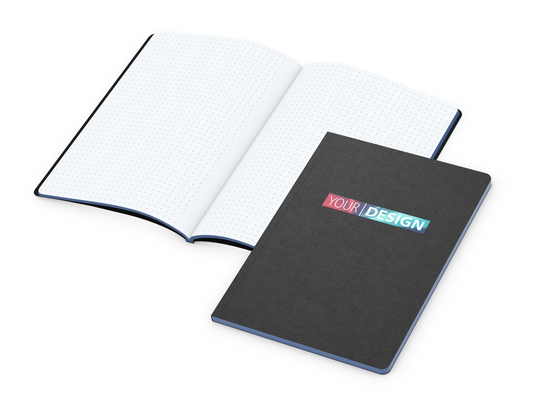 Notizbuch Tablet-Book Farbschnitt Naturkarton-Softcover schwarz, Papierformat/Lineatur DIN A5 / Punktraster, Farbschnitt/Logodruck mittelblau/4farbig