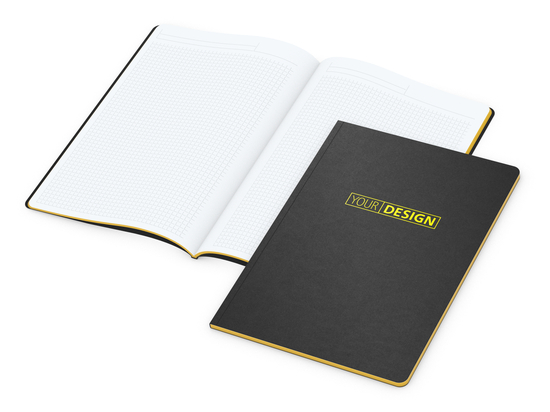 Notizbuch Tablet-Book Farbschnitt Naturkarton-Softcover schwarz, Papierformat/Lineatur DIN A4 / Winkelkaro, Farbschnitt/Logodruck gelb/gelb