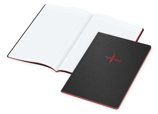 Notizbuch Tablet-Book Farbschnitt Naturkarton-Softcover schwarz, Papierformat/Lineatur DIN A4 / Winkelkaro, Farbschnitt/Logodruck rot/rot