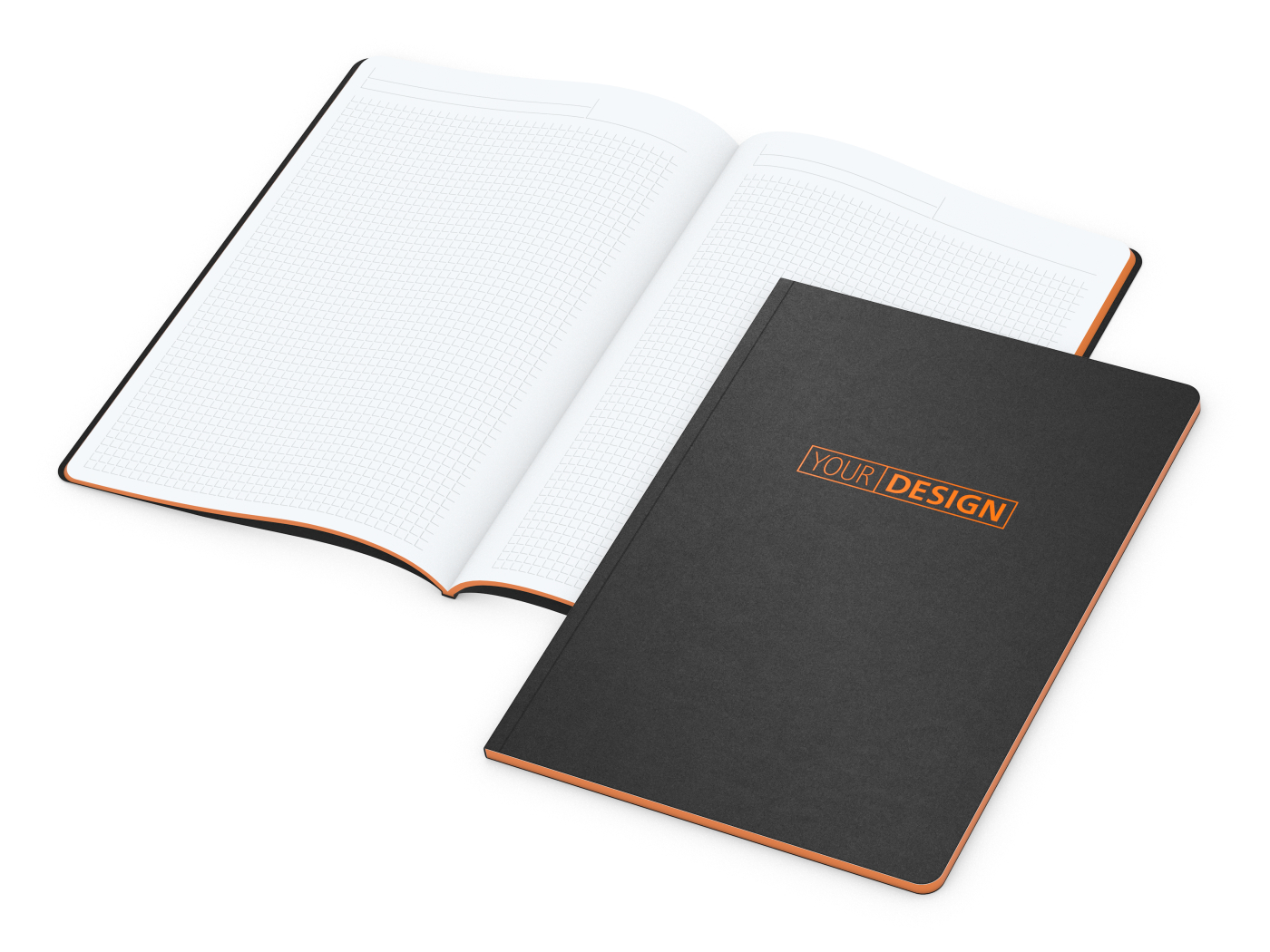 Notizbuch Tablet-Book Farbschnitt Naturkarton-Softcover schwarz, Papierformat/Lineatur DIN A4 / Winkelkaro, Farbschnitt/Logodruck orange/orange