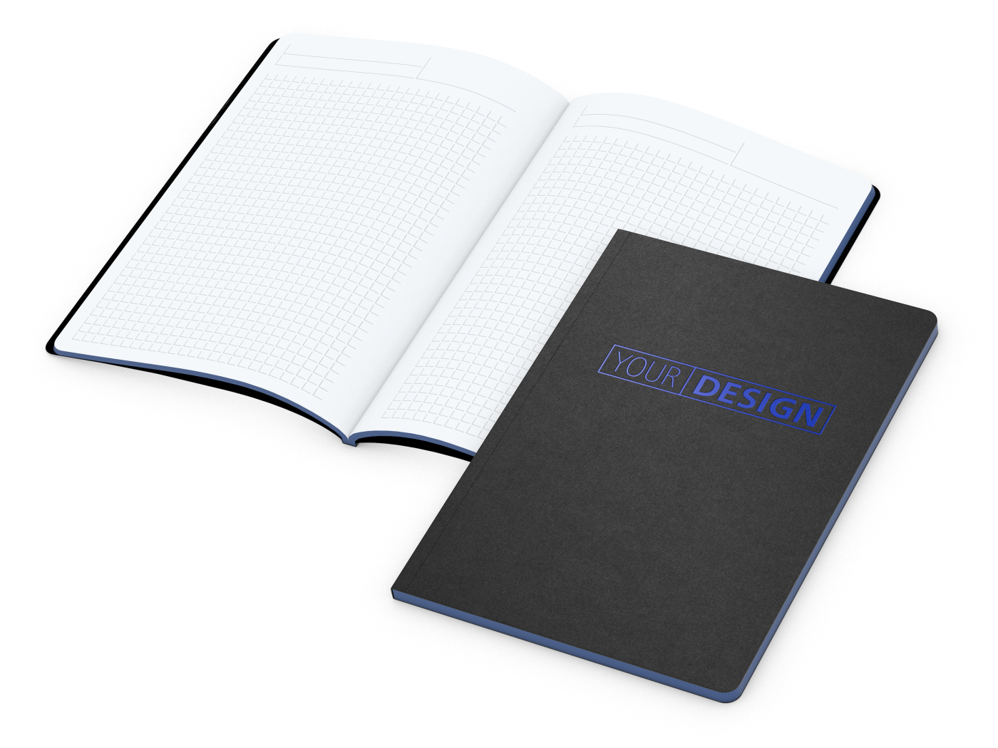 Notizbuch Tablet-Book Farbschnitt Naturkarton-Softcover schwarz, Papierformat/Lineatur DIN A5 / Winkelkaro, Farbschnitt/Logodruck mittelblau/mittelblau