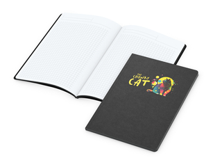 Notizbuch Tablet-Book Farbschnitt Naturkarton-Softcover schwarz, Papierformat/Lineatur DIN A5 / Winkelkaro, Farbschnitt/Logodruck schwarz/4farbig