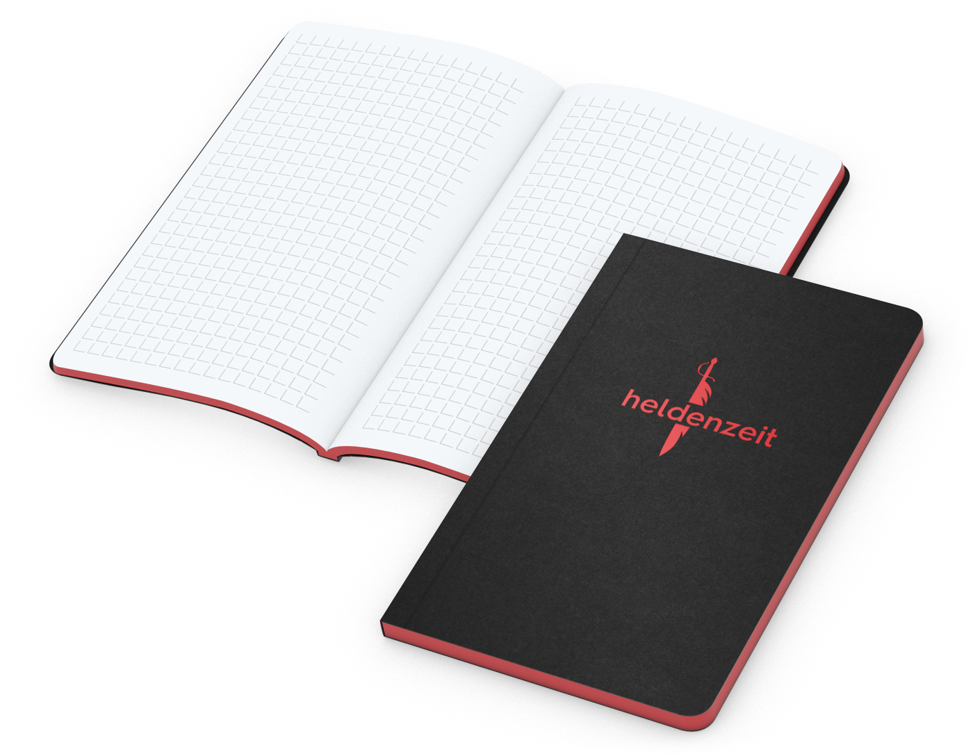 Notizbuch Tablet-Book Farbschnitt Naturkarton-Softcover schwarz, Papierformat/Lineatur 94 × 152 mm / Winkelkaro, Farbschnitt/Logodruck rot/rot