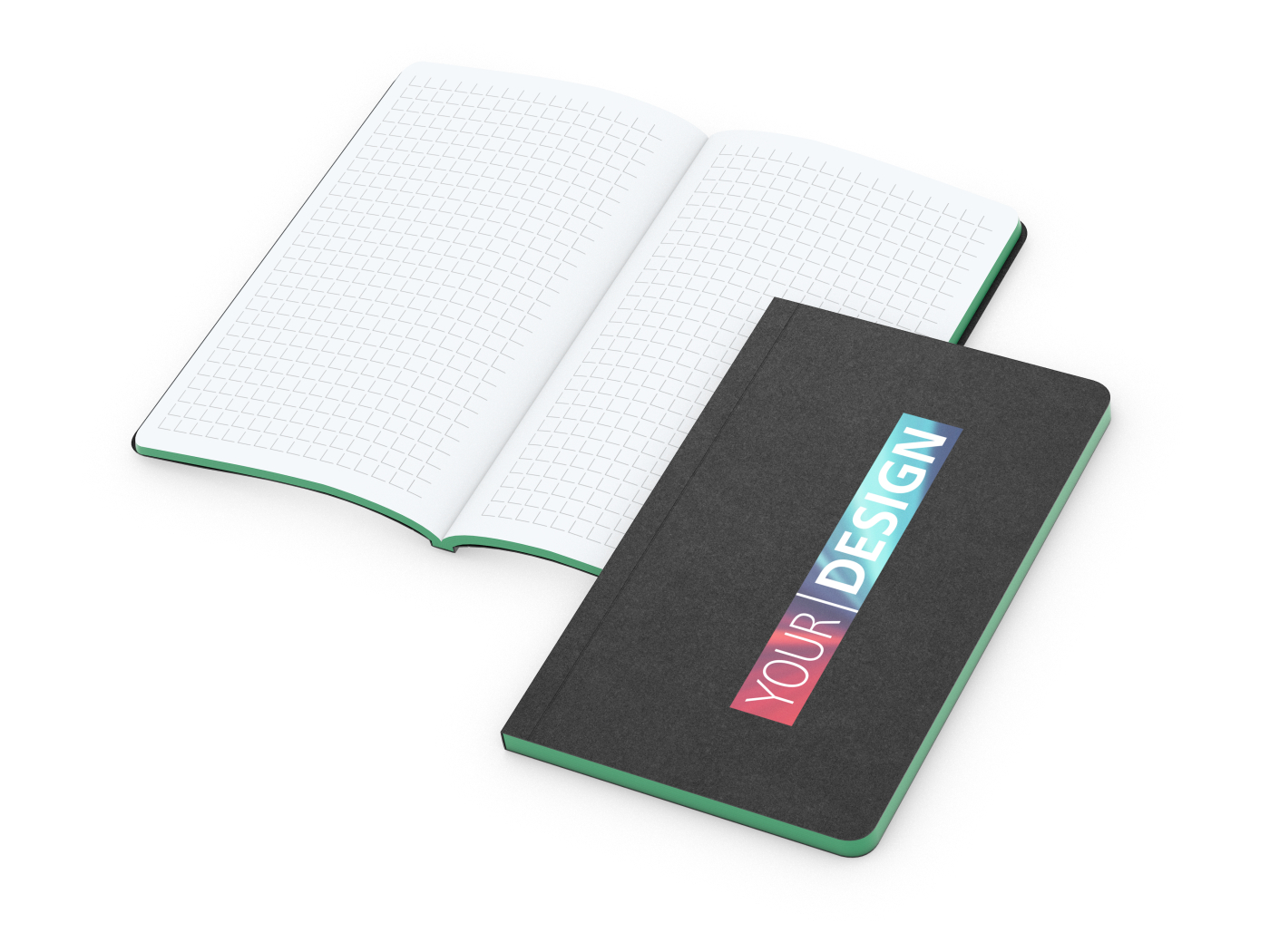 Notizbuch Tablet-Book Farbschnitt Naturkarton-Softcover schwarz, Papierformat/Lineatur 94 × 152 mm / Winkelkaro, Farbschnitt/Logodruck grün/4farbig
