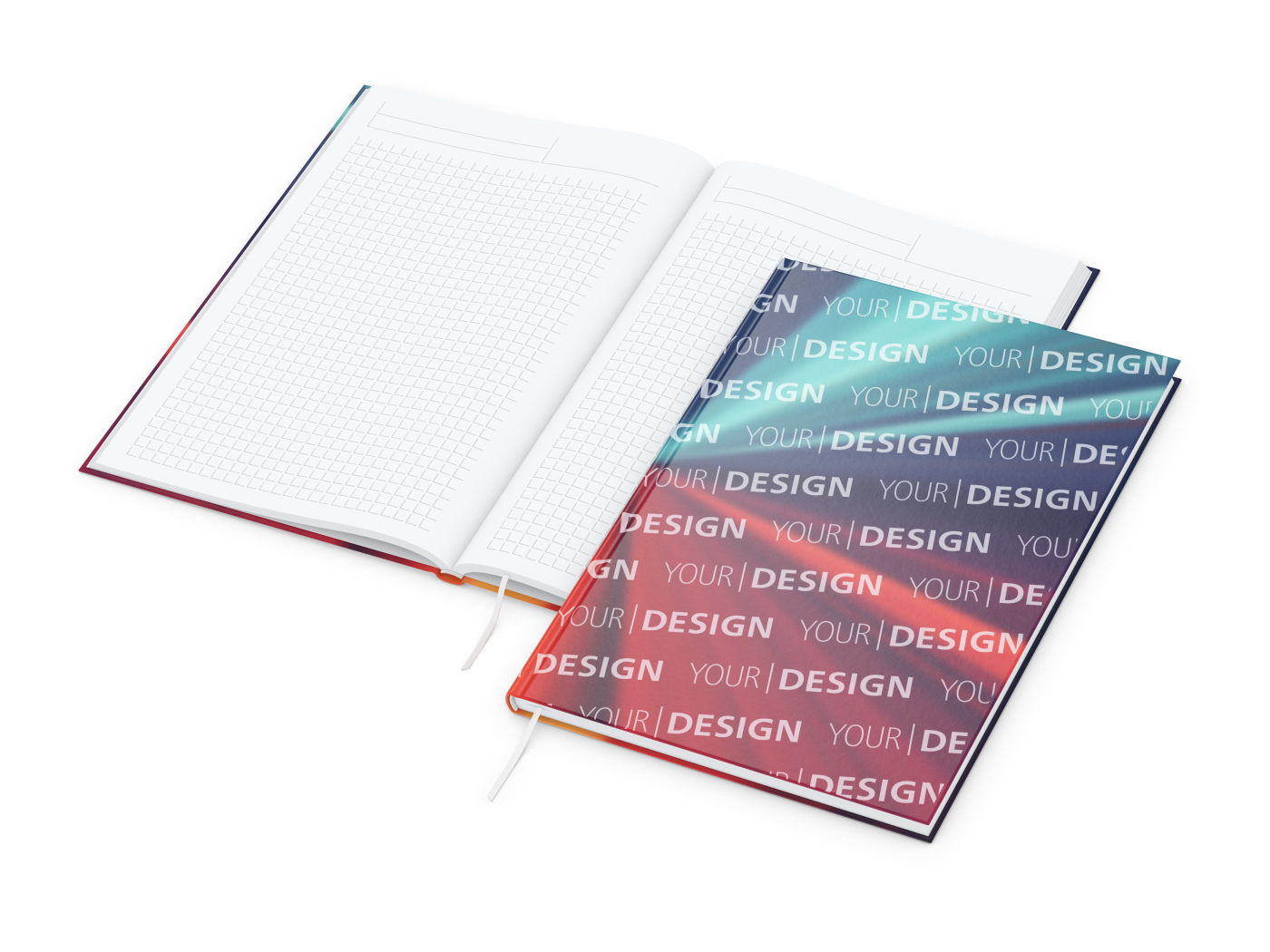 Notizbuch Note-Book Ecken spitz Hardcover individuell bedruckt, DIN A4, Lineatur Winkelkaro, Einband-Oberfläche glänzend