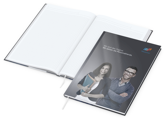Notizbuch Note-Book Ecken spitz Hardcover individuell bedruckt, DIN A4, Lineatur Winkelkaro, Einband-Oberfläche glänzend
