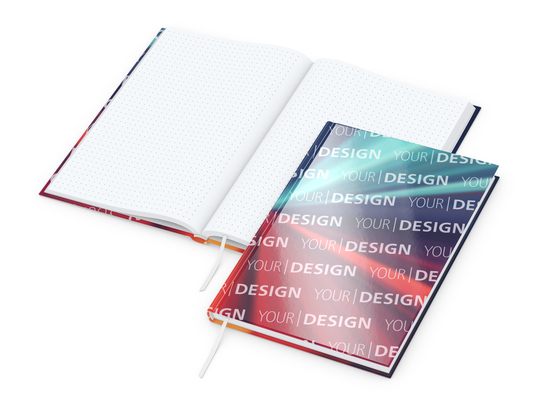 Notizbuch Note-Book Ecken spitz Hardcover individuell bedruckt, DIN A5, Lineatur Punktraster, Einband-Oberfläche glänzend