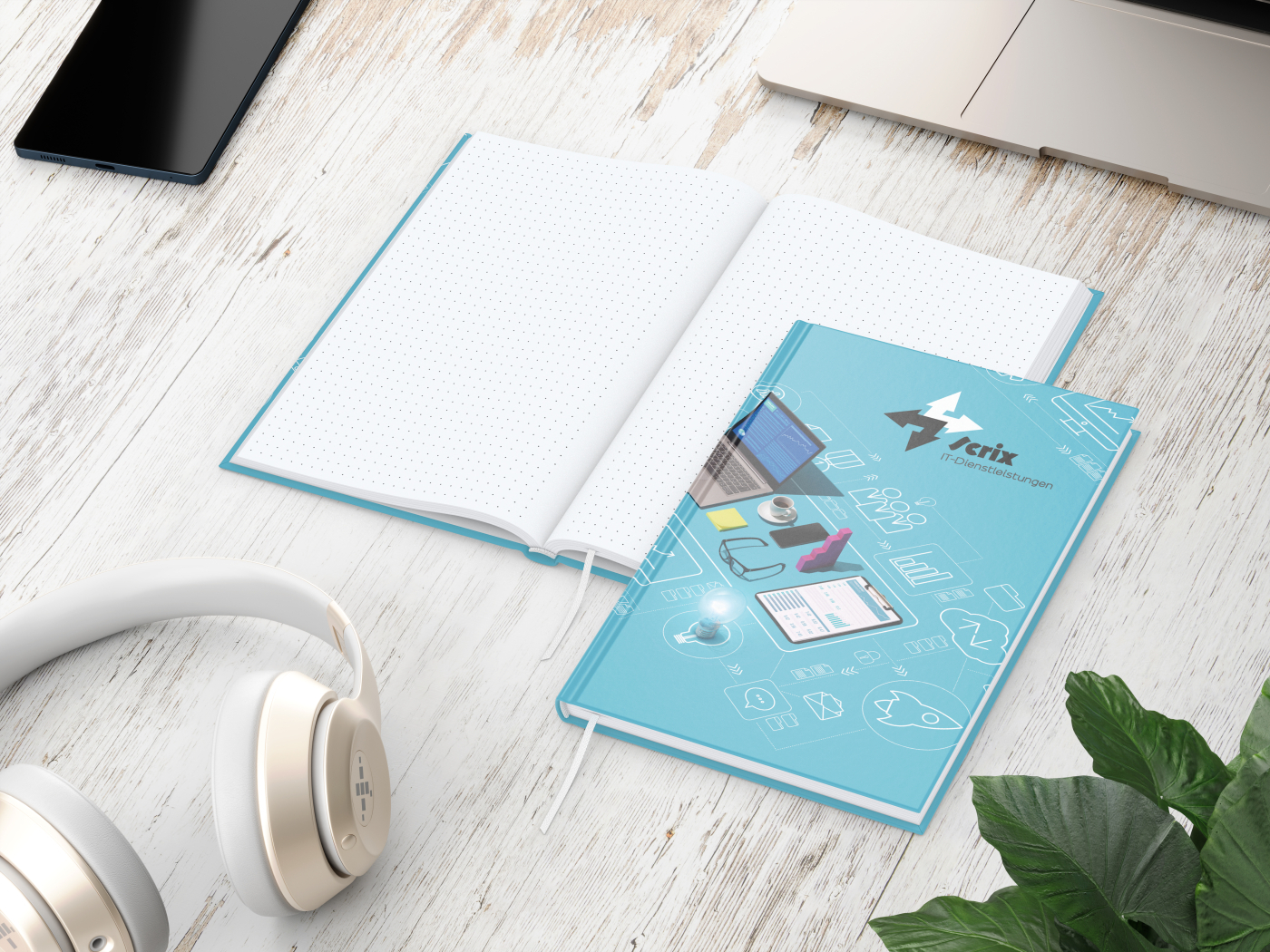 Notizbuch Note-Book Ecken spitz Hardcover individuell bedruckt, DIN A5, Lineatur Punktraster, Einband-Oberfläche matt