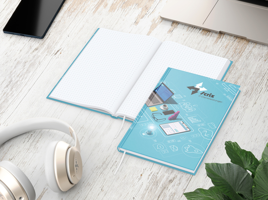 Notizbuch Note-Book Ecken spitz Hardcover individuell bedruckt, DIN A5, Lineatur Punktraster, Einband-Oberfläche matt