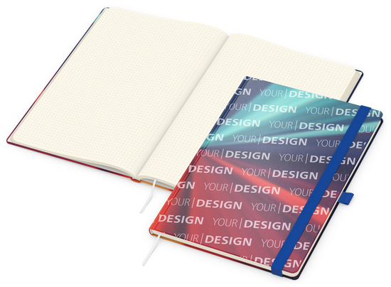 Notizbuch Match-Book Papier-Hardcover individuell bedruckt, DIN A4, Papierfarbe/Lineatur Cremefarben/Punktraster, Einband-Oberfläche glänzend