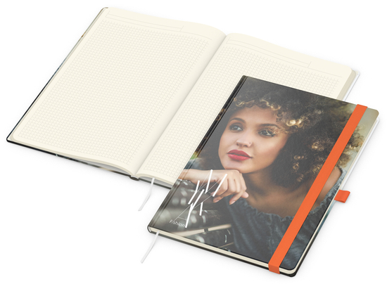 Notizbuch Match-Book Papier-Hardcover individuell bedruckt, DIN A4, Papierfarbe/Lineatur Cremefarben/Winkelkaro, Einband-Oberfläche glänzend