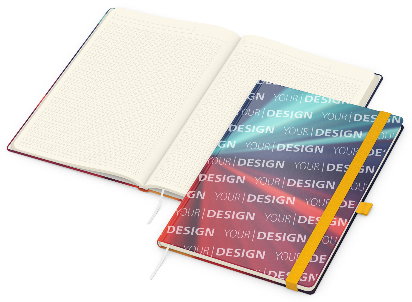 Notizbuch Match-Book Papier-Hardcover individuell bedruckt, DIN A4, Papierfarbe/Lineatur Cremefarben/Winkelkaro, Einband-Oberfläche matt
