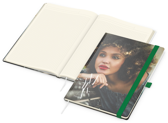Notizbuch Match-Book Papier-Hardcover individuell bedruckt, DIN A4, Papierfarbe/Lineatur Cremefarben/Winkelkaro, Einband-Oberfläche matt