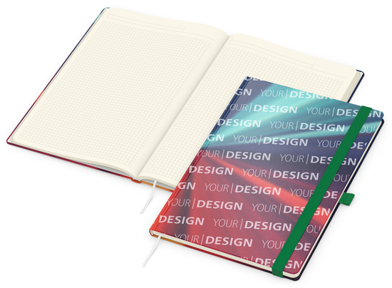 Notizbuch Match-Book Papier-Hardcover individuell bedruckt, DIN A4, Papierfarbe/Lineatur Cremefarben/Winkelkaro, Einband-Oberfläche matt