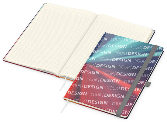 Notizbuch Match-Book Papier-Hardcover individuell bedruckt, DIN A4, Papierfarbe/Lineatur Cremefarben/Winkelkaro, Einband-Oberfläche matt