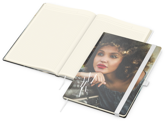 Notizbuch Match-Book Papier-Hardcover individuell bedruckt, DIN A4, Papierfarbe/Lineatur Cremefarben/Winkelkaro, Einband-Oberfläche matt