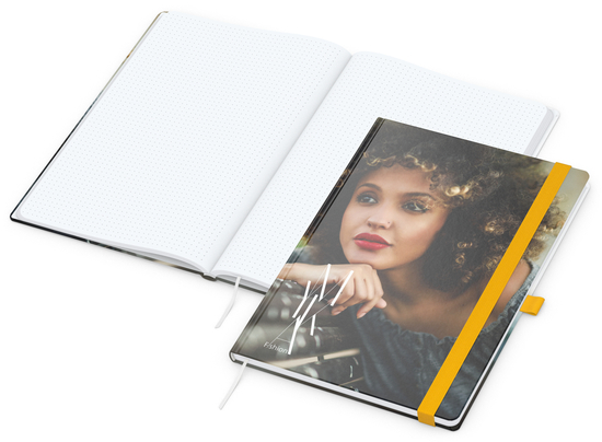 Notizbuch Match-Book Papier-Hardcover individuell bedruckt, DIN A4, Papierfarbe/Lineatur Hochweiß/Punktraster, Einband-Oberfläche glänzend