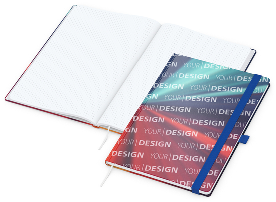Notizbuch Match-Book Papier-Hardcover individuell bedruckt, DIN A4, Papierfarbe/Lineatur Hochweiß/Punktraster, Einband-Oberfläche glänzend