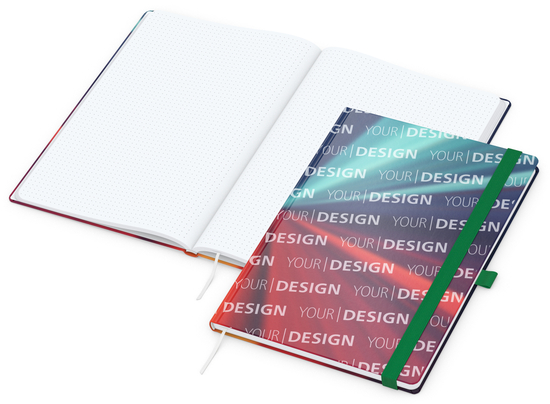 Notizbuch Match-Book Papier-Hardcover individuell bedruckt, DIN A4, Papierfarbe/Lineatur Hochweiß/Punktraster, Einband-Oberfläche matt