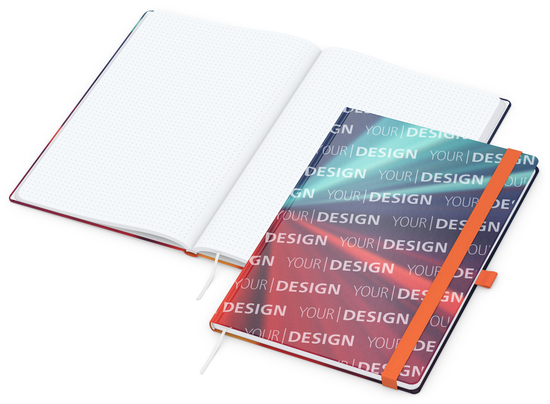 Notizbuch Match-Book Papier-Hardcover individuell bedruckt, DIN A4, Papierfarbe/Lineatur Hochweiß/Punktraster, Einband-Oberfläche matt