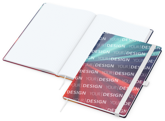 Notizbuch Match-Book Papier-Hardcover individuell bedruckt, DIN A4, Papierfarbe/Lineatur Hochweiß/Punktraster, Einband-Oberfläche matt