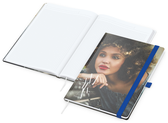 Notizbuch Match-Book Papier-Hardcover individuell bedruckt, DIN A4, Papierfarbe/Lineatur Hochweiß/Winkelkaro, Einband-Oberfläche matt