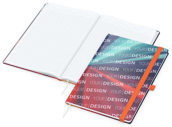 Notizbuch Match-Book Papier-Hardcover individuell bedruckt, DIN A4, Papierfarbe/Lineatur Hochweiß/Winkelkaro, Einband-Oberfläche matt