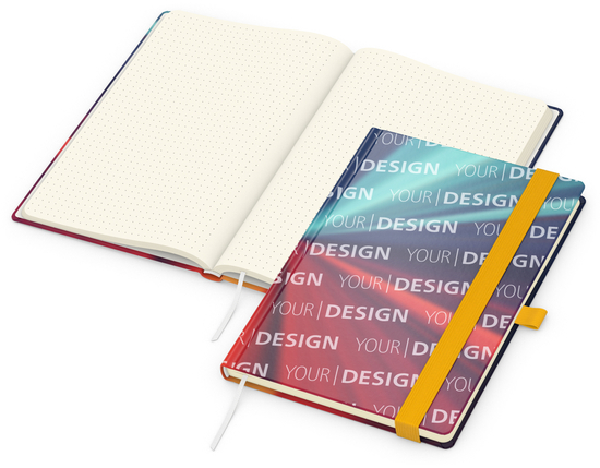 Notizbuch Match-Book Papier-Hardcover individuell bedruckt, DIN A5, Papierfarbe/Lineatur Cremefarben/Punktraster, Einband-Oberfläche glänzend