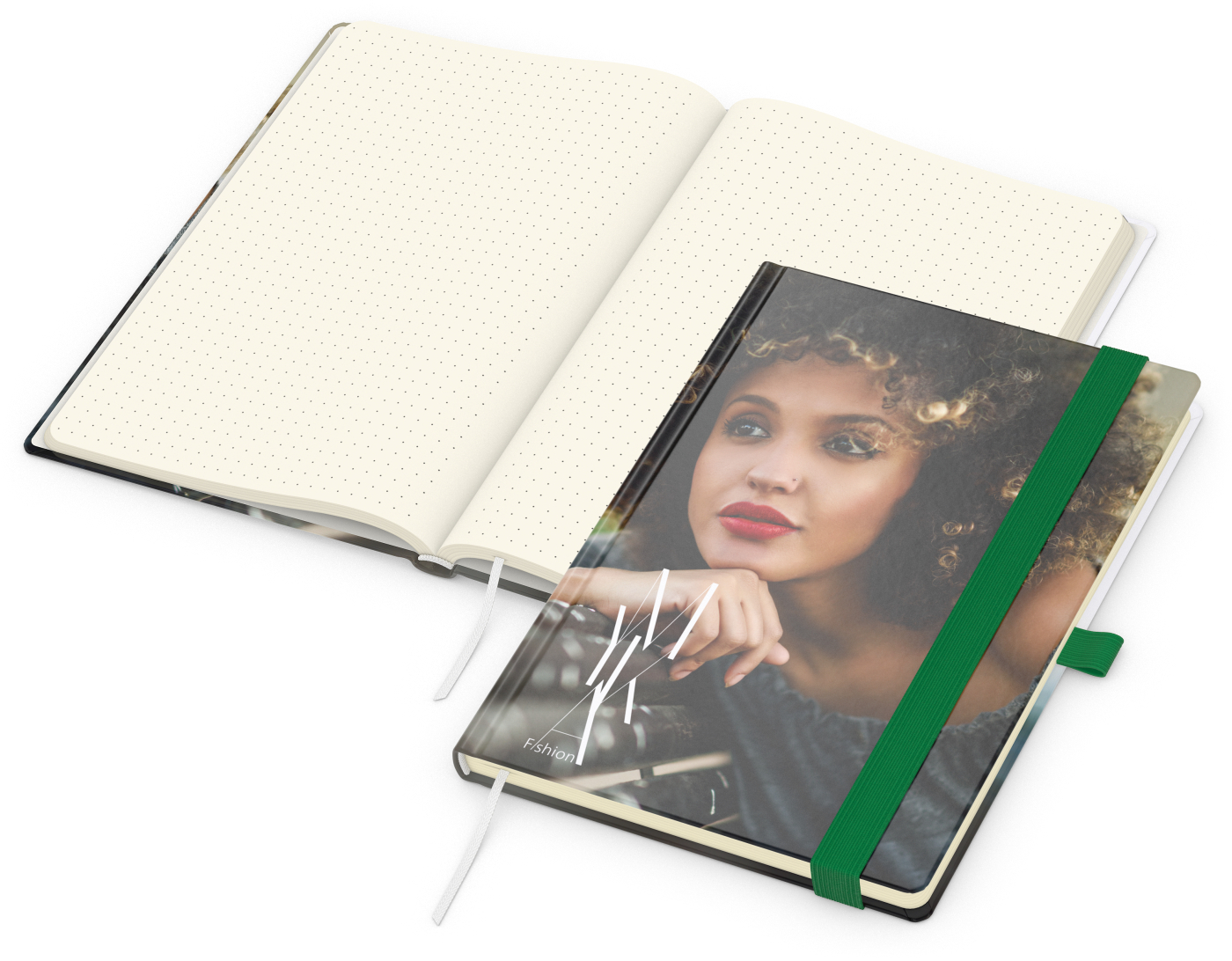 Notizbuch Match-Book Papier-Hardcover individuell bedruckt, DIN A5, Papierfarbe/Lineatur Cremefarben/Punktraster, Einband-Oberfläche glänzend
