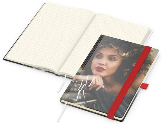 Notizbuch Match-Book Papier-Hardcover individuell bedruckt, DIN A5, Papierfarbe/Lineatur Cremefarben/Punktraster, Einband-Oberfläche glänzend