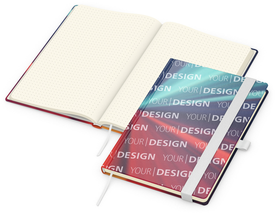 Notizbuch Match-Book Papier-Hardcover individuell bedruckt, DIN A5, Papierfarbe/Lineatur Cremefarben/Punktraster, Einband-Oberfläche glänzend