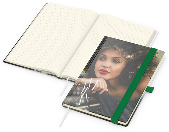 Notizbuch Match-Book Papier-Hardcover individuell bedruckt, DIN A5, Papierfarbe/Lineatur Cremefarben/Punktraster, Einband-Oberfläche matt