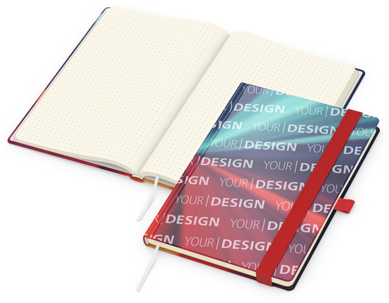 Notizbuch Match-Book Papier-Hardcover individuell bedruckt, DIN A5, Papierfarbe/Lineatur Cremefarben/Punktraster, Einband-Oberfläche matt