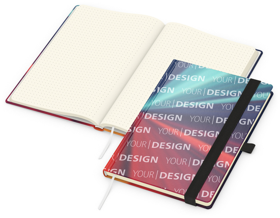 Notizbuch Match-Book Papier-Hardcover individuell bedruckt, DIN A5, Papierfarbe/Lineatur Cremefarben/Punktraster, Einband-Oberfläche matt
