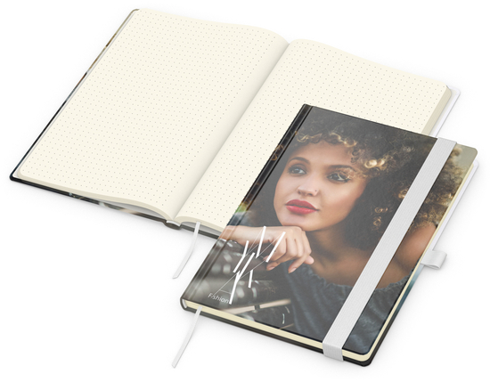 Notizbuch Match-Book Papier-Hardcover individuell bedruckt, DIN A5, Papierfarbe/Lineatur Cremefarben/Punktraster, Einband-Oberfläche matt