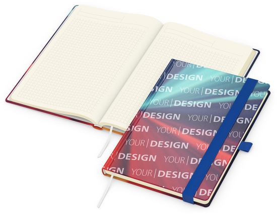 Notizbuch Match-Book Papier-Hardcover individuell bedruckt, DIN A5, Papierfarbe/Lineatur Cremefarben/Winkelkaro, Einband-Oberfläche glänzend