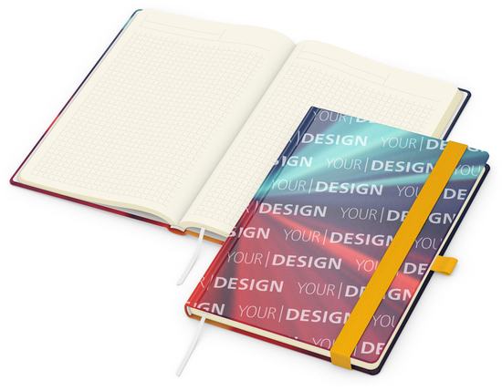 Notizbuch Match-Book Papier-Hardcover individuell bedruckt, DIN A5, Papierfarbe/Lineatur Cremefarben/Winkelkaro, Einband-Oberfläche matt